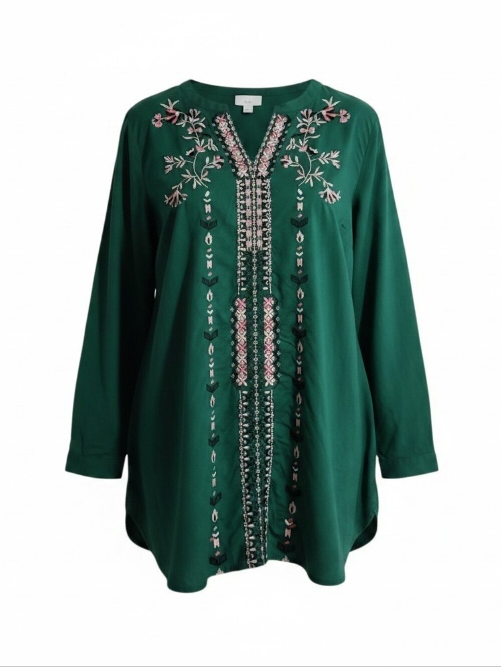 J Jill Embroidered Tunic Top Size L Tall Green 100% Cotton Boho Festival Hippie